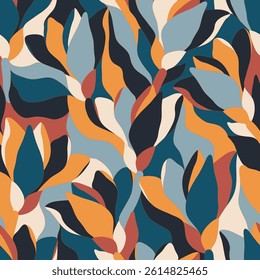 Artistic botanical vector background. Decorative seamless pattern with abstract shapes of leaves and herbs. Artisanal allover print in style of stained glass, for fabric, textile, paper, package