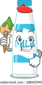 An artistic bottle of milk artist mascot design paint using a brush. Vector illustration