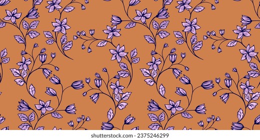 Artistic branches flowers bell with leaves intertwined in a seamless pattern. Vector hand drawn gently purple floral stem. Retro, vintage, yellow mustard print. Template for design, fabric, fashion