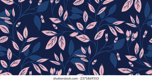 Artistic branches with leaves and buds intertwined in seamless pattern Vector hand drawn silhouettes, shape, leaf stem print. Template for design, fabric, fashion, surface design, wallpaper