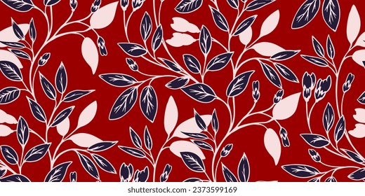 Artistic branches with leaves and buds intertwined in seamless pattern Vector hand drawn silhouettes, shape, leaf stems print. Template for design, fabric, fashion, surface design, wallpaper