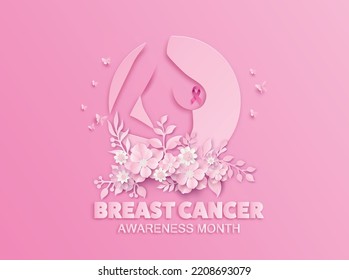 Artistic breast cancer emblem in floral circle style with ribbon and feminine silhouette.