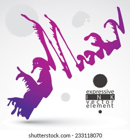 Artistic bright abstract dirty ink template, scanned and traced splashing decorative element. Rough grungy background.