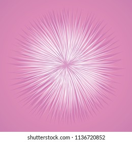 Artistic bright violet barb circle midpoint drawing shape design. Optical illusion fuzz prickly form in art modern cartoon creative style. Mauve color motley spiky symbol on pink space for text