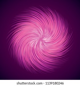 Artistic bright violet barb circle midpoint drawing shape design. Optical illusion. Fuzzy prickly form in art modern cartoon creative style. Lilac color motley spiky hair symbol on dark space for text