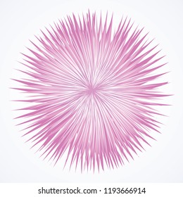 Artistic bright violet barb circle midpoint drawing shape design. Optical illusion lilac fuzz prickly form in art modern cartoon creative style. Mauve color motley spiky symbol on space for text