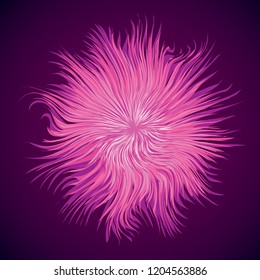 Artistic bright violet barb circle midpoint drawing shape design. Optical illusion fuzz prickly form in art modern cartoon creative style. Lilac color motley spiky symbol on dark space for text