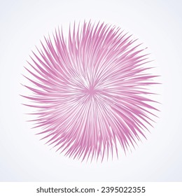 Artistic bright violet barb circle midpoint drawing shape design. Optical illusion lilac fuzz prickly form in art modern cartoon creative style. Mauve color motley spiky symbol on space for text