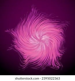 Artistic bright violet barb circle midpoint drawing shape design. Optical illusion. Fuzzy prickly form in art modern cartoon creative style. Lilac color motley spiky hair symbol on dark space for text