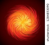 Artistic bright warm red burn circle midpoint drawing shape design. Optical illusion fuzzy sphere form in art cartoon creative style. Yellow color motley power boom ball symbol on dark space for text