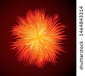 Artistic bright warm red burn circle midpoint drawing shape design. Optical illusion fuzzy sphere form in art cartoon creative style. Yellow color motley power boom ball symbol on dark space for text