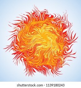 Artistic bright warm red burn circle midpoint drawing shape design. Optical illusion fuzzy sphere form in art cartoon creative style. Yellow color motley power boom ball symbol on sky space for text