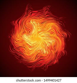 Artistic bright warm red burn circle midpoint drawing shape design. Optical illusion fuzzy sphere form in art cartoon creative style. Yellow color motley power boom ball symbol on dark space for text