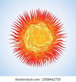 Artistic bright warm red burn circle midpoint drawing shape design. Optical illusion fuzzy sphere form in art cartoon creative style. Yellow color motley power boom ball symbol on sky space for text