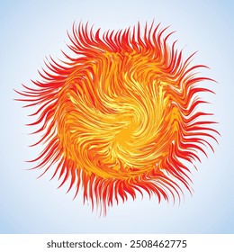 Artistic bright warm red burn circle midpoint drawing shape design. Optical illusion fuzzy sphere form in art cartoon creative style. Yellow color motley power boom ball symbol on sky space for text