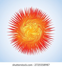 Design artístico de forma de desenho de ponto médio do círculo de queimadura vermelho quente e brilhante. Ilusão óptica forma de esfera fuzzy em estilo criativo desenho animado de arte. Símbolo de bola de boom de energia de cor amarela no espaço do céu para texto
