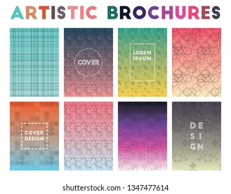 Artistic brochures with geometric patterns and vector illustrations.