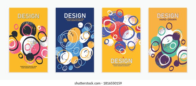 Artistic brochures vector abstract designs set with hand drawn splat elements, stylish colorful art abstraction covers for magazines or flyers, positive and funny posters templates collection.