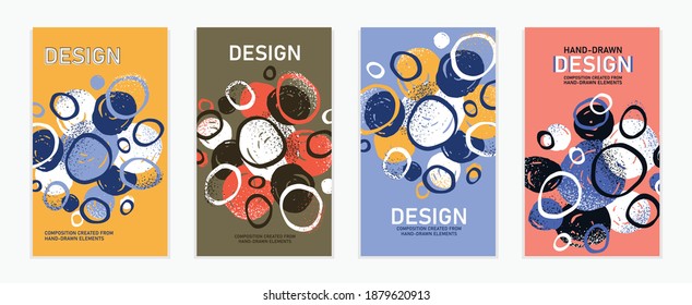 Artistic brochures vector abstract designs set with hand drawn splat elements, stylish colorful art abstraction covers for magazines or flyers, positive and funny posters templates collection.