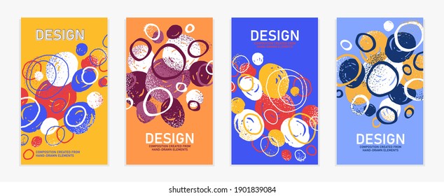 Artistic brochures vector abstract designs set with hand drawn splat elements, stylish colorful art abstraction covers for magazines or flyers, positive and funny posters templates collection.