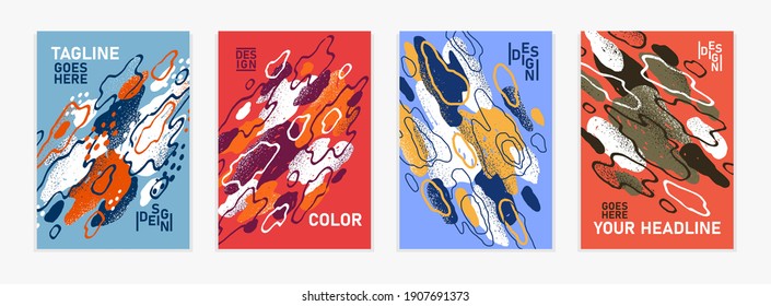 Artistic brochures vector abstract designs set with hand drawn elements, stylish colorful art abstraction covers for magazines or flyers, leaflets or advertising posters templates collection.