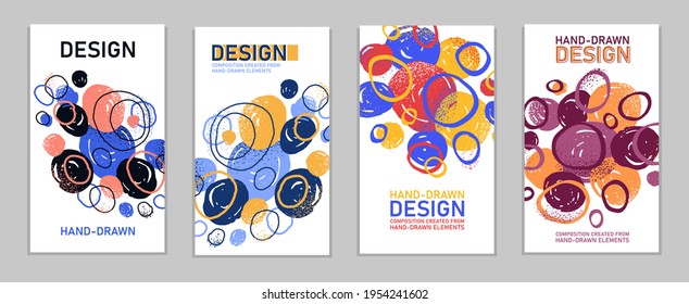 Artistic brochures vector abstract designs set with hand drawn splat elements, stylish colorful art abstraction covers for magazines or flyers, positive and funny posters templates collection.