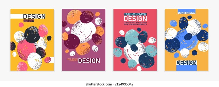 Artistic brochures vector abstract designs set with hand drawn splat elements, stylish colorful art abstraction covers for magazines or flyers, positive and funny posters templates collection.