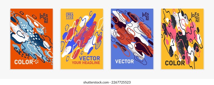 Artistic brochures vector abstract designs set with hand drawn elements, stylish colorful art abstraction covers for magazines or flyers, leaflets or advertising posters templates collection.