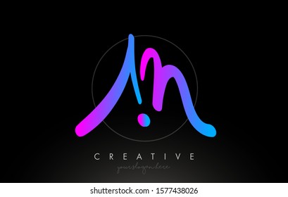 AM Artistic Brush Letter Logo Handwritten in Purple Blue Colors Vector Illustration.