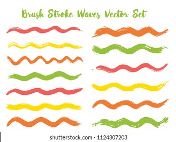Artistic brush stroke waves vector set. Hand drawn red green brushstrokes, ink splashes, watercolor splats, hand painted curls. Interior colors guide book swatches. Textured waves, stripes design.