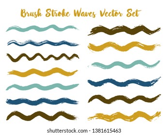 Artistic brush stroke waves vector set. Hand drawn blue khaki brushstrokes, ink splashes, watercolor splats, hand painted curls. Vector ink color palette swatches. Textured waves, stripes design.