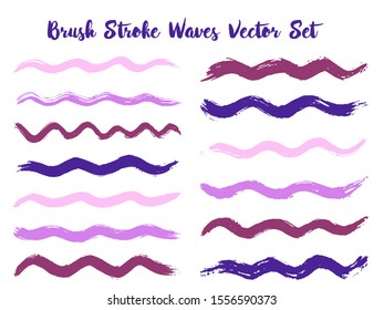 Artistic brush stroke waves vector set. Hand drawn pink violet brushstrokes, ink splashes, watercolor splats, hand painted curls. Interior colors scheme elements. Textured waves, stripes design.