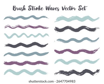Conjunto de vetores de ondas de traçado de pincel artístico. Pinceladas azul cinza desenhadas à mão, respingos de tinta, splats de aquarela, currais pintados à mão. Elementos do livro guia de cores interiores. Conjunto de vetores de faixas onduladas.