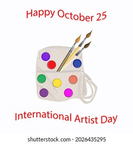Artistic brushes and paints in a canvas backpack - vector illustration. International Artist's Day. Creative art.