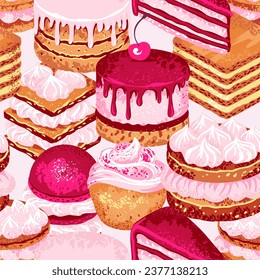 Artistic cake, bake, dessert, biskvit, cream sweet seamless pattern. Vector hand drawn. Colorful dessert illustration print. Templates for design, fashion, fabric, textile, packaging,cover