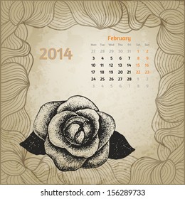 Artistic calendar with ink pen hand drawn rose for February 2014. One card of botanical series calendar.