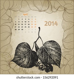 Artistic calendar with ink pen hand drawn lime tree leaves for April 2014
