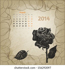 Artistic calendar with ink pen hand drawn rose for August 2014. One card of botanical series.