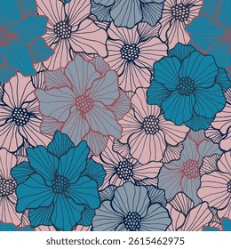 Artistic camellia blossom endless pattern. Organic floral ornament. Camellia flower with contour petals. Wallpaper print. Field bloom rustic repeating design botanic motif.