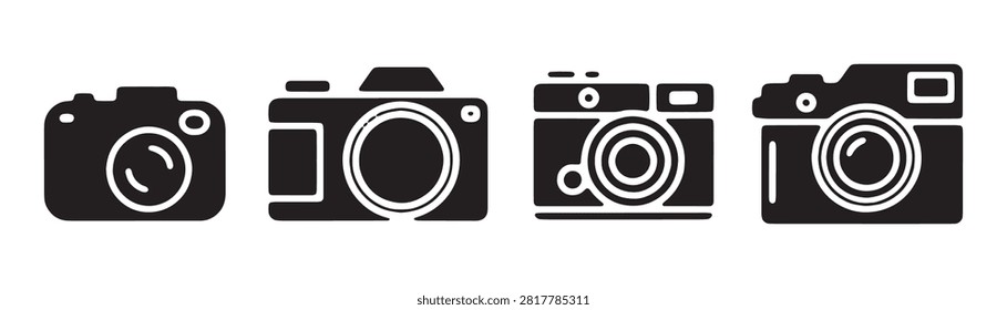 Artistic camera shapes featuring lens flare details for modern photographer brand identity icons set white.