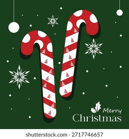 Artistic Candy Cane Design with Miniature Christmas Tree Patterns; Winter Holiday Background Featuring Snowflakes and Hanging Ornaments; Creative Merry Christmas Poster Illustration