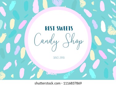 Artistic candy shop banner with soft pastel hand drawn colorful brush paints. Can use for web header, signboard, advertising, placard, poster, flyer, invitation card