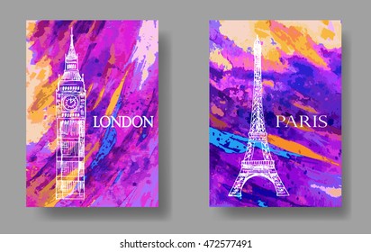 artistic card with architecture. Vector brochure with London and Paris landmark, big ben and Eiffel Tower. Hand drawn texture
