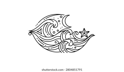 Artistic celestial and maritime design featuring crescent moon and rolling waves. Perfect for bohemian decor, tattoos, or coastal lifestyle branding.