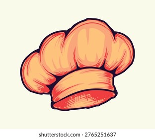 Artistic chef hat in warm orange tones. Hand drawn culinary icon with textured shading. Vibrant restaurant headwear.