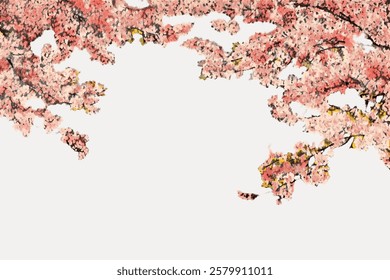 Artistic cherry blossom branches with pink flowers. Cherry blossoms create a serene, floral scene. Blossoms in full bloom, cherry blossom branches in art. Vintage flower illustration isolated, vector.