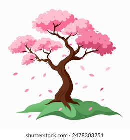 An artistic Cherry Blossom Tree with pink flowers set against a backdrop of green grass