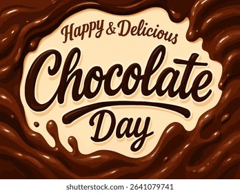 An artistic Chocolate Day vector design featuring rich chocolate swirls, splashes, and stylish typography. Ideal for dessert banners, cocoa promotions, and sweet-themed graphics.