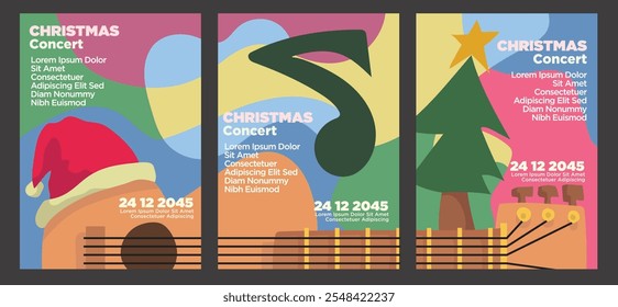  Artistic Christmas Concert Design Featuring Guitar and Festive Decor. abstract christmas music poster set teplate vector illustration.