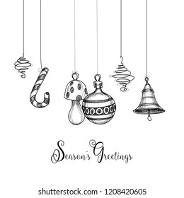 Artistic Christmas decorations hand drawn, black and white Season's Greetings card